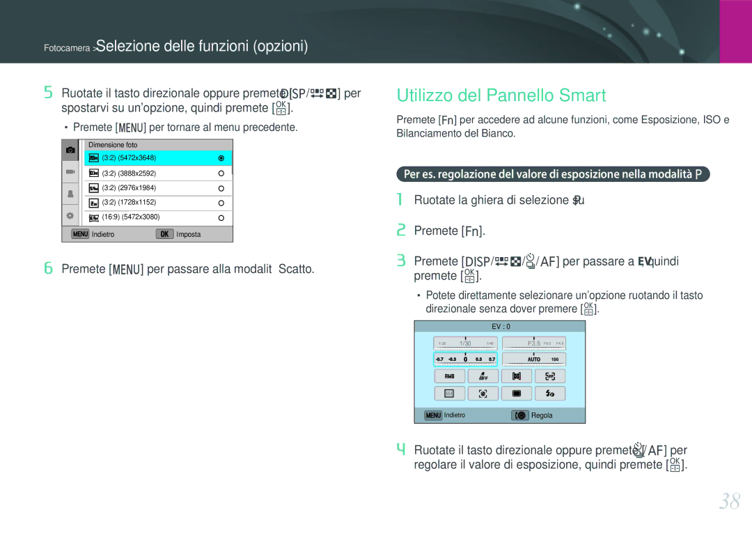 Samsung EV-NX3000BEIIT, EV-NX3000BEHIT manual Utilizzo del Pannello Smart, Premete m per passare alla modalità Scatto 