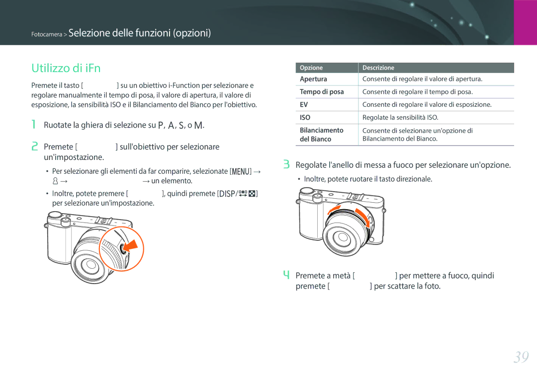 Samsung EV-NX3000BEHIT, EV-NX3000BEIIT manual Utilizzo di iFn, Regolate lanello di messa a fuoco per selezionare unopzione 