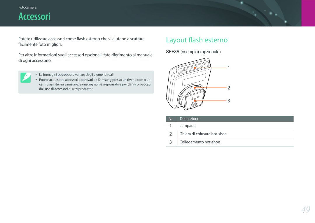 Samsung EV-NX3000BEHIT manual Accessori, Layout flash esterno, Lampada Ghiera di chiusura hot-shoe Collegamento hot-shoe 