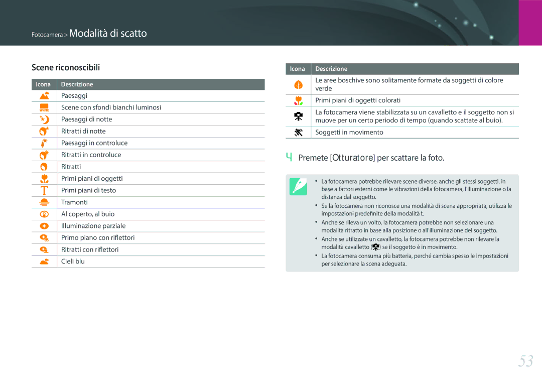 Samsung EV-NX3000BEHIT, EV-NX3000BEIIT manual Scene riconoscibili, Premete Otturatore per scattare la foto 
