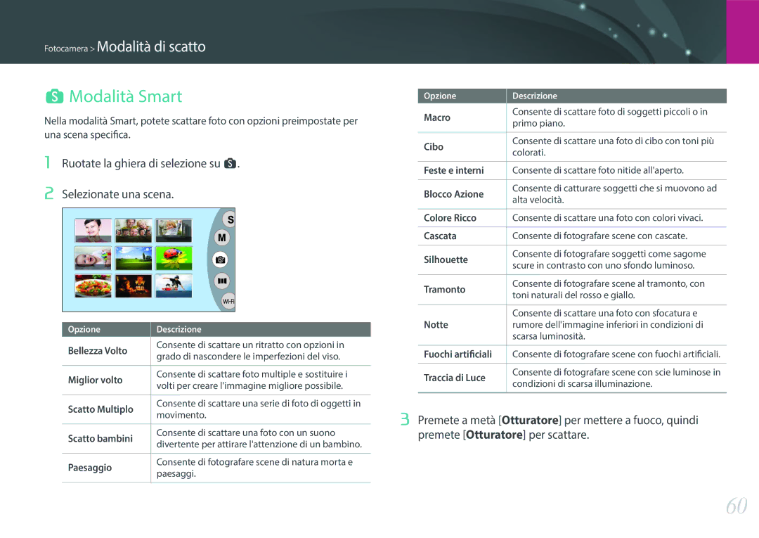 Samsung EV-NX3000BEIIT, EV-NX3000BEHIT manual Modalità Smart, Ruotate la ghiera di selezione su s Selezionate una scena 