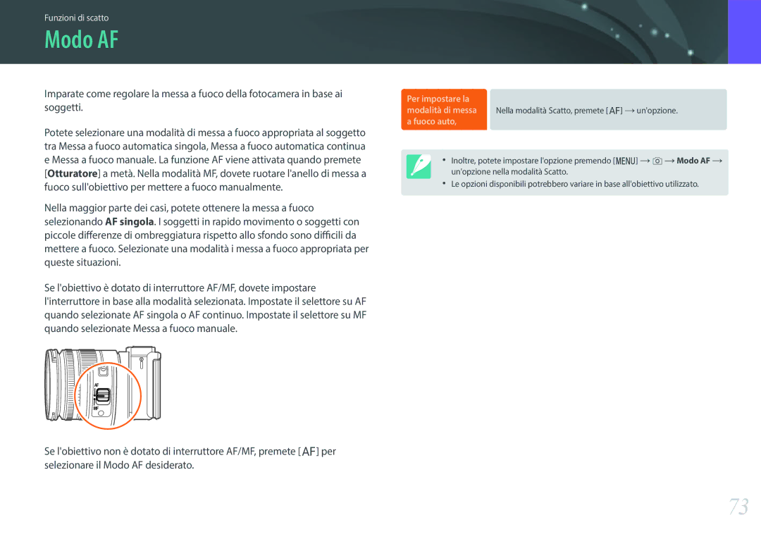Samsung EV-NX3000BEHIT, EV-NX3000BEIIT manual Modo AF, Fuoco auto 