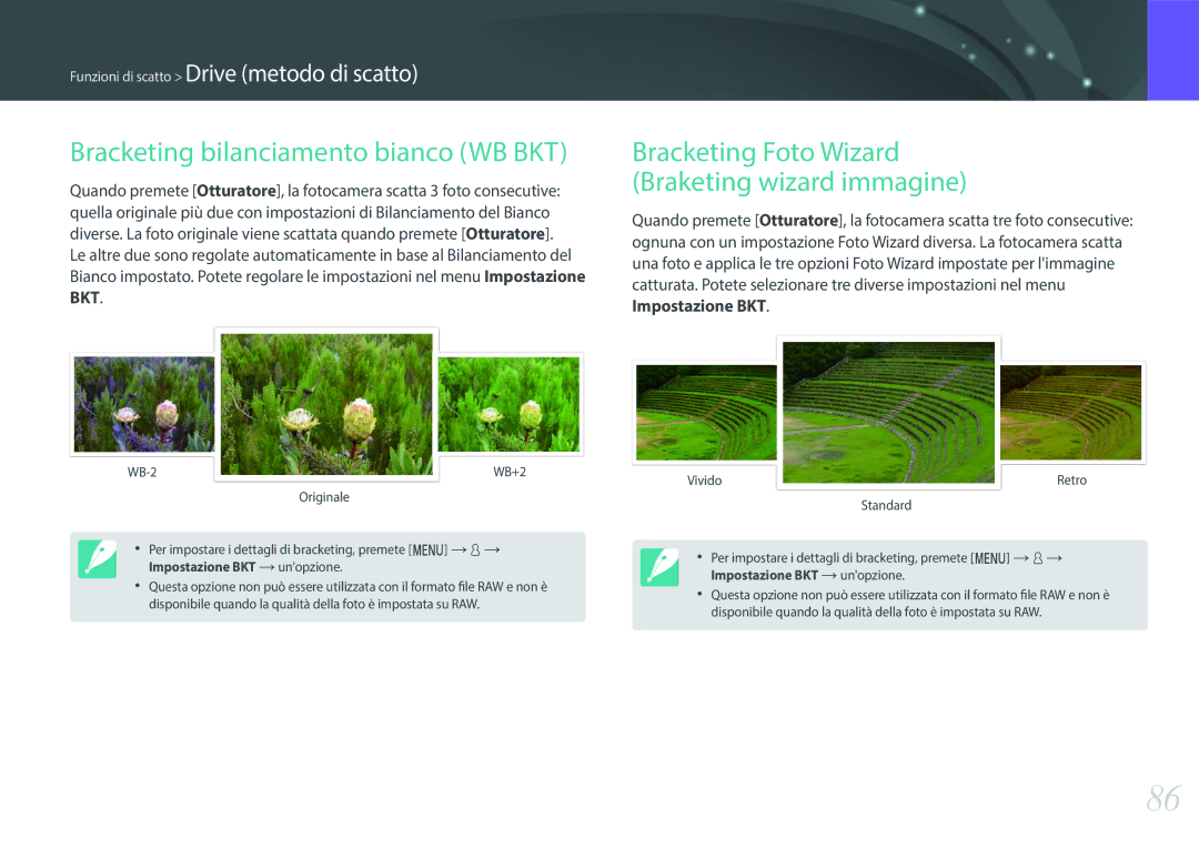 Samsung EV-NX3000BEIIT manual Bracketing bilanciamento bianco WB BKT, Bracketing Foto Wizard Braketing wizard immagine 