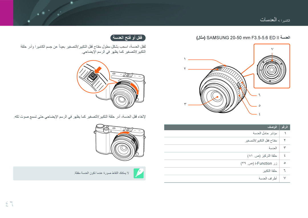 Samsung EV-NX3000BOHWI, EV-NX3000BMHSA, EV-NX3000BOHM3 manual ةسدعلا حتف وأ لفق, لاثم Samsung 20-50 mm F3.5-5.6 ED II ةسدعلا 