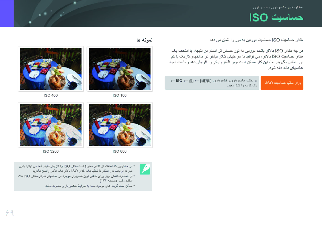 Samsung EV-NX3000BOJM3, EV-NX3000BMHSA manual دهد یم ناشن ار رون هب نیبرود تیساسح Iso تیساسح رادقم, دوش هناد هناد یاهسکع 