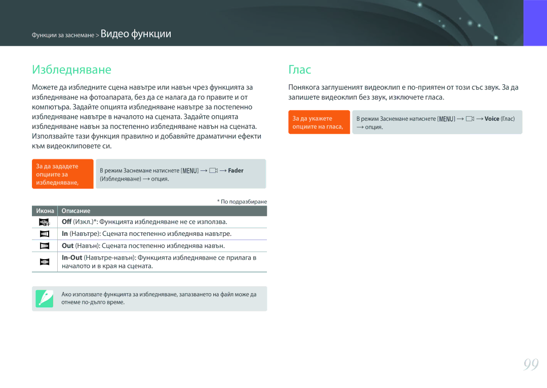 Samsung EV-NX3000BMIRO, EV-NX3000BOIRO manual Избледняване, Глас 