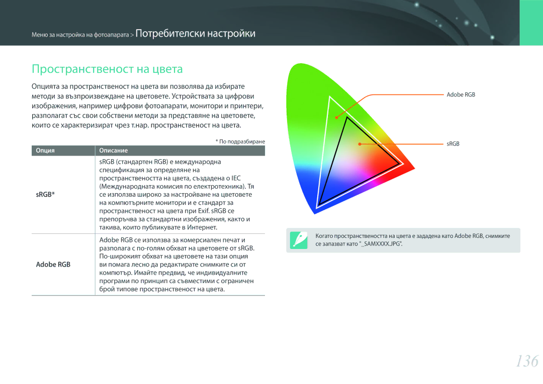 Samsung EV-NX3000BOIRO, EV-NX3000BMIRO manual 136, Пространственост на цвета, Srgb, Adobe RGB 