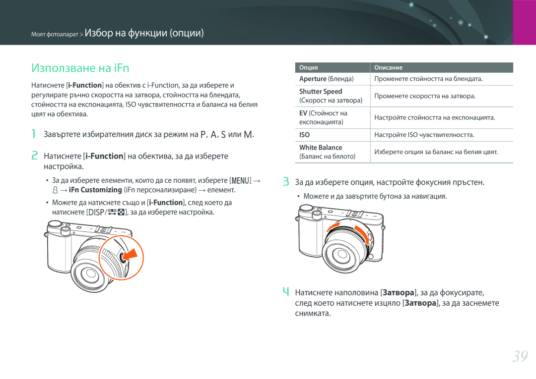 Samsung EV-NX3000BMIRO Използване на iFn, За да изберете опция, настройте фокусния пръстен, Aperture Бленда, Shutter Speed 