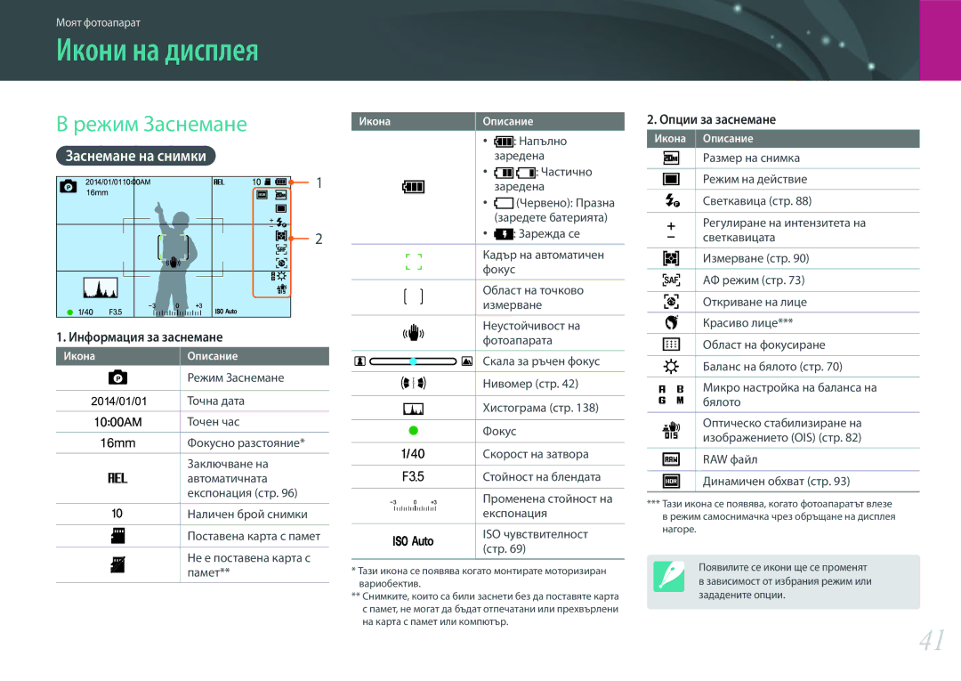 Samsung EV-NX3000BMIRO, EV-NX3000BOIRO manual Икони на дисплея, Режим Заснемане, Заснемане на снимки 