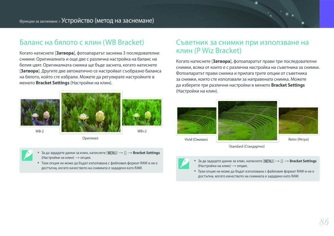 Samsung EV-NX3000BOIRO manual Баланс на бялото с клин WB Bracket, Съветник за снимки при използване на клин P Wiz Bracket 