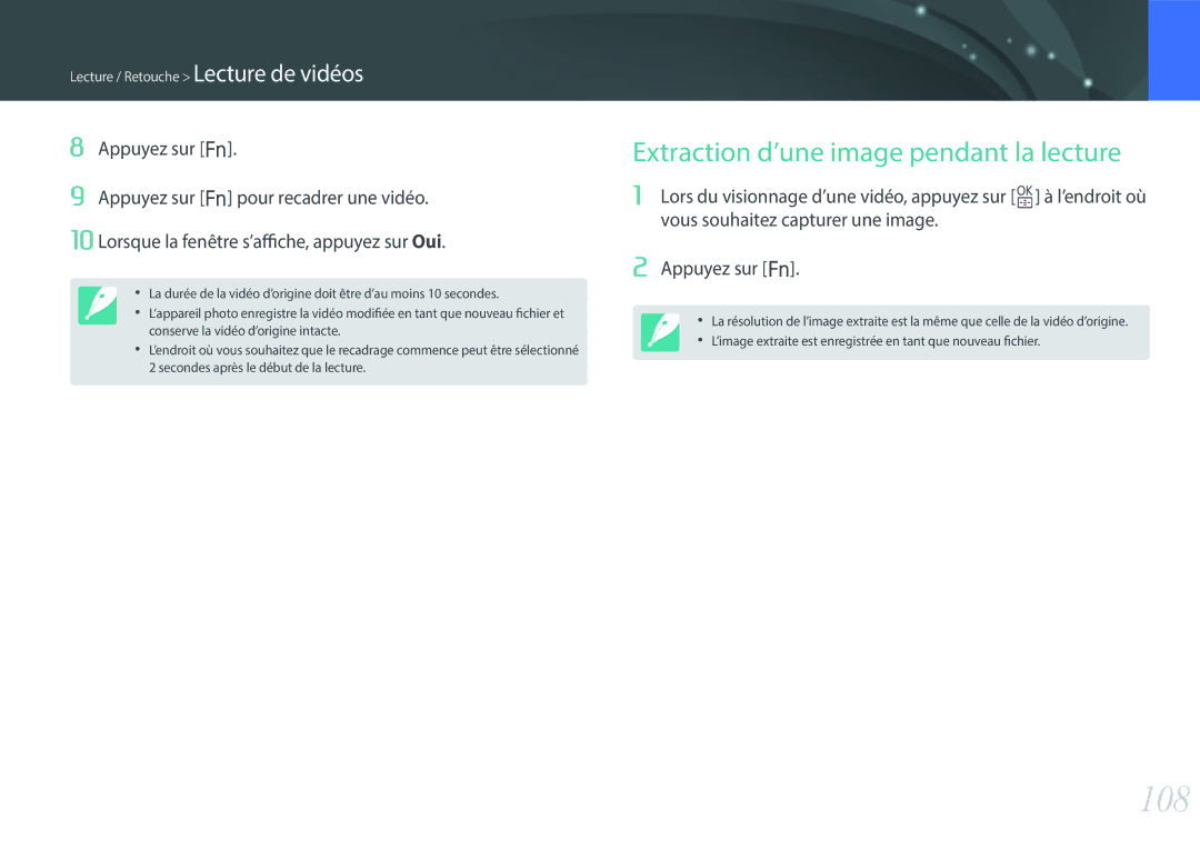 Samsung EV-NX3000BEHFR, EV-NX3000BOHFR, EV-NX3000BOIFR, EV-NX3000BPHFR manual 108, Extraction d’une image pendant la lecture 