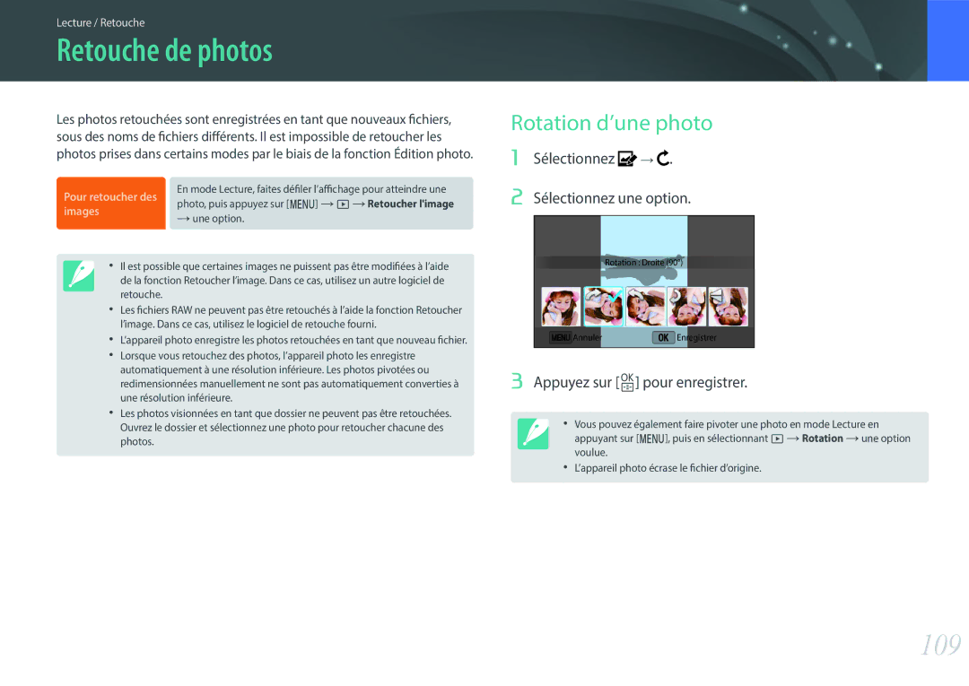 Samsung EV-NX3000BOIFR, EV-NX3000BOHFR Retouche de photos, 109, Rotation d’une photo, Sélectionnez Sélectionnez une option 