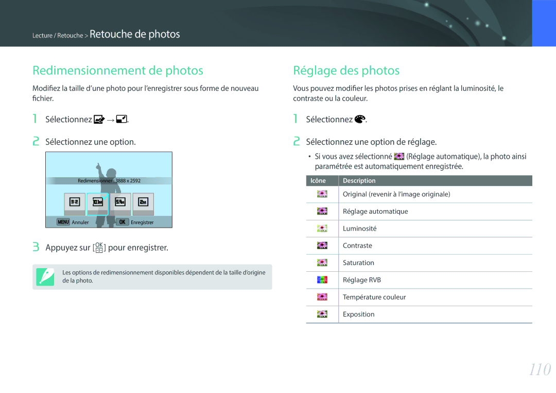 Samsung EV-NX3000BPHFR manual 110, Sélectionnez → Sélectionnez une option, Sélectionnez Sélectionnez une option de réglage 