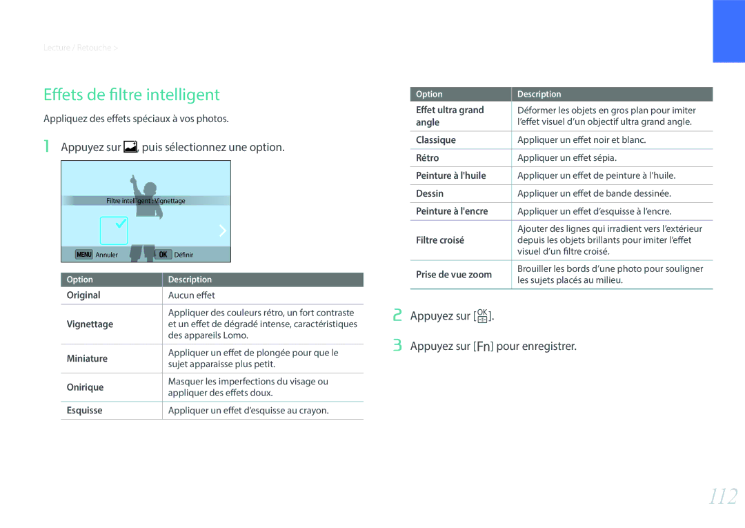 Samsung EV-NX3000BEHFR, EV-NX3000BOHFR manual 112, Effets de filtre intelligent, Appuyez sur , puis sélectionnez une option 