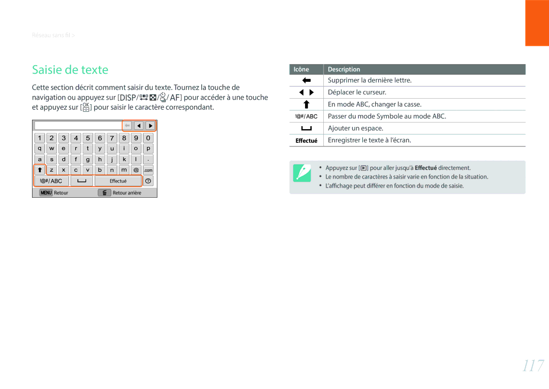 Samsung EV-NX3000BOIFR, EV-NX3000BOHFR, EV-NX3000BEHFR, EV-NX3000BPHFR manual 117, Saisie de texte 