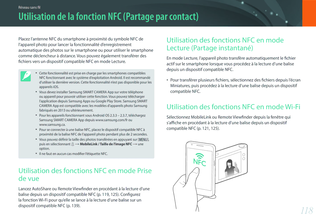 Samsung EV-NX3000BPHFR, EV-NX3000BOHFR, EV-NX3000BEHFR manual Utilisation de la fonction NFC Partage par contact, 118 