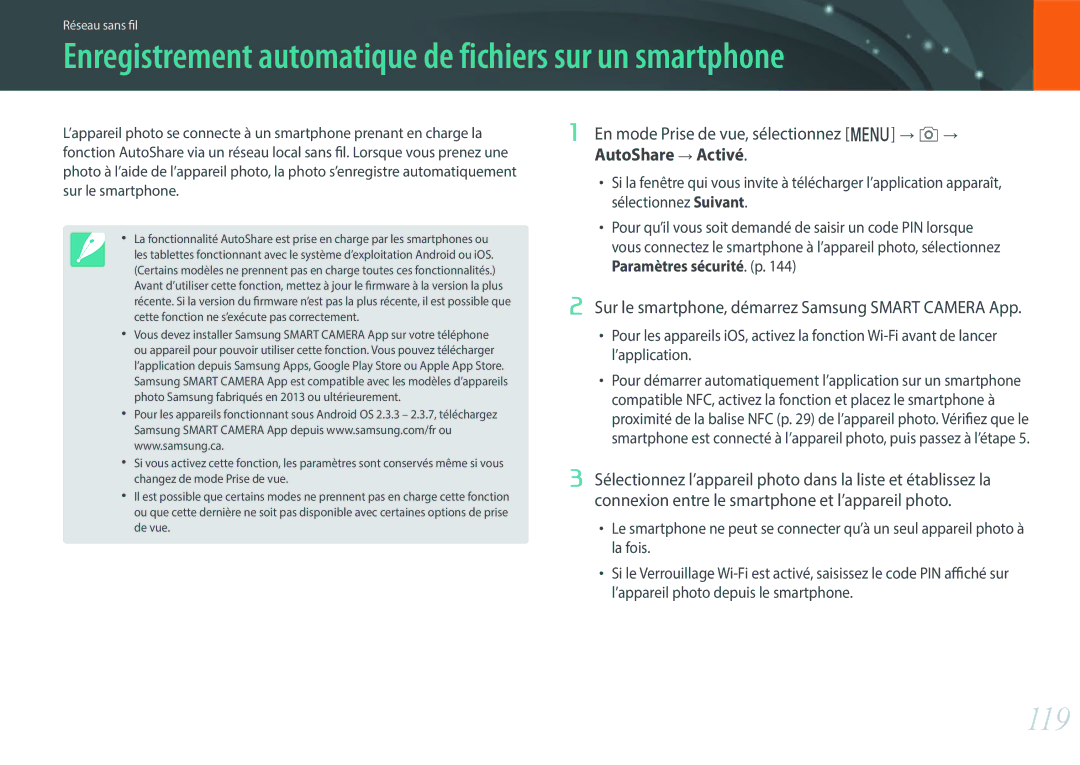 Samsung EV-NX3000BOHFR, EV-NX3000BEHFR, EV-NX3000BOIFR manual 119, En mode Prise de vue, sélectionnez m b AutoShare Activé 