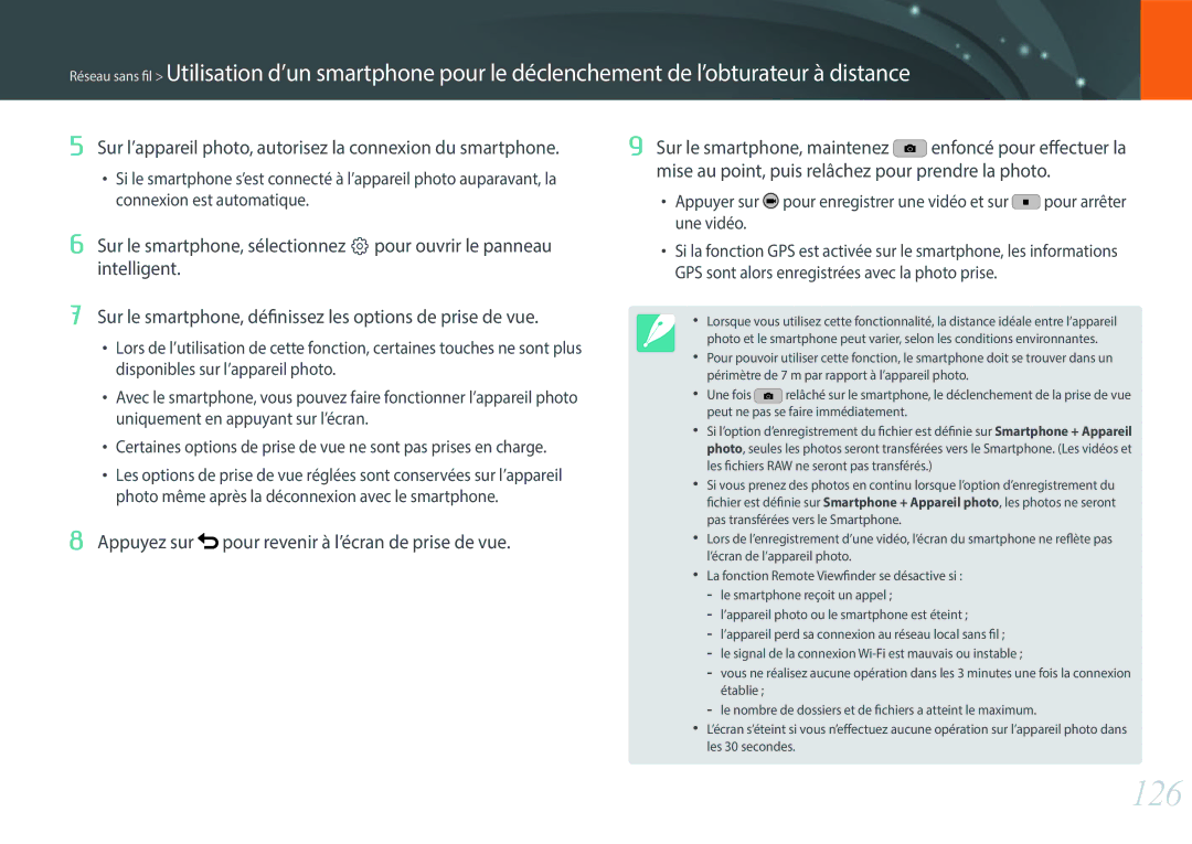 Samsung EV-NX3000BPHFR, EV-NX3000BOHFR, EV-NX3000BEHFR manual 126, Appuyez sur pour revenir à l’écran de prise de vue 