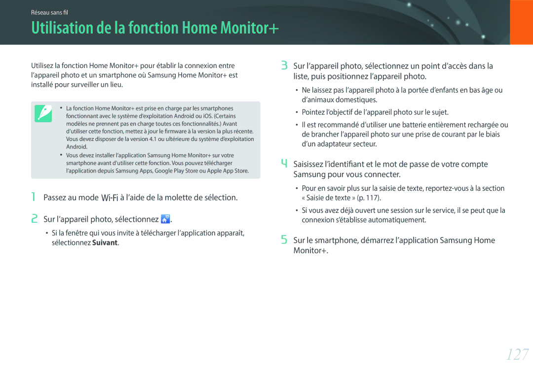 Samsung EV-NX3000BOHFR, EV-NX3000BEHFR, EV-NX3000BOIFR, EV-NX3000BPHFR manual 127, Utilisation de la fonction Home Monitor+ 