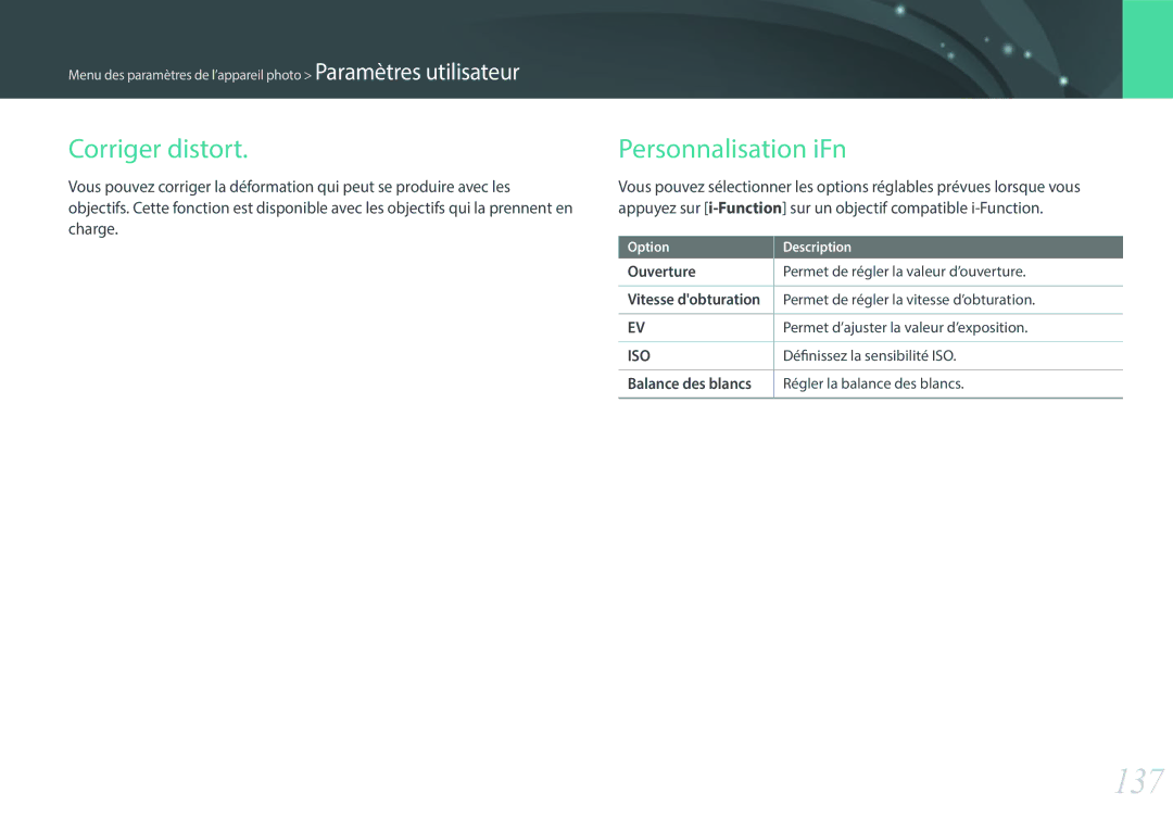 Samsung EV-NX3000BOIFR, EV-NX3000BOHFR, EV-NX3000BEHFR manual 137, Corriger distort, Personnalisation iFn, Ouverture 