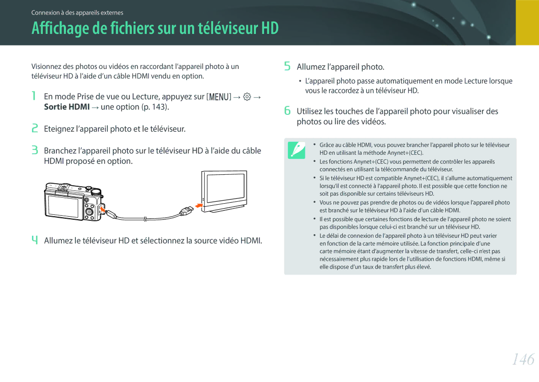 Samsung EV-NX3000BPHFR, EV-NX3000BOHFR, EV-NX3000BEHFR, EV-NX3000BOIFR manual 146, Affichage de fichiers sur un téléviseur HD 