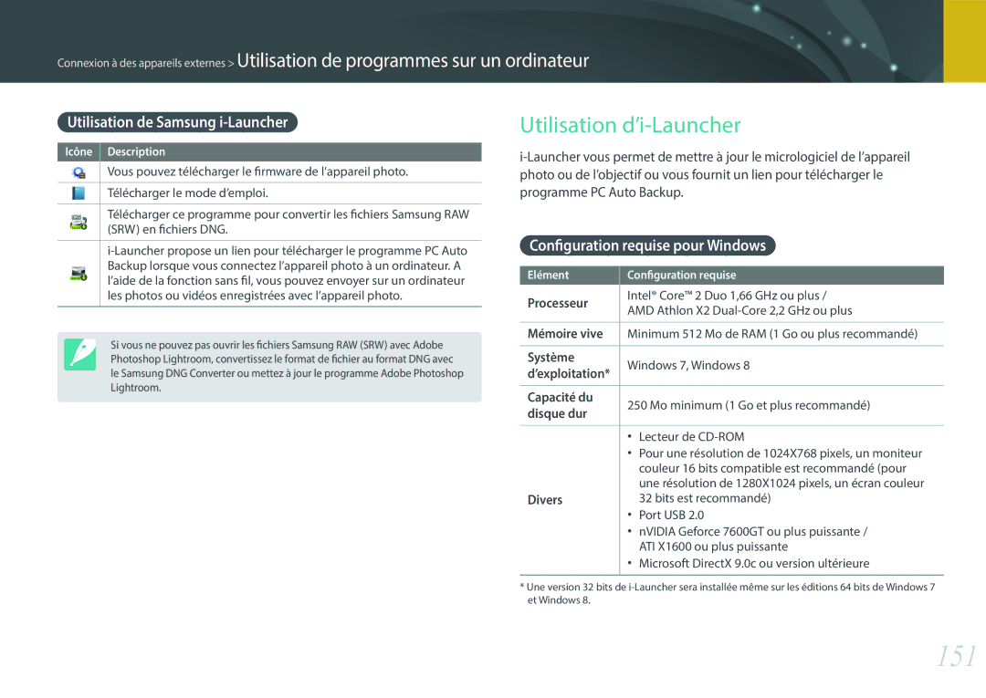 Samsung EV-NX3000BOHFR, EV-NX3000BEHFR manual 151, Utilisation de Samsung i-Launcher, Configuration requise pour Windows 