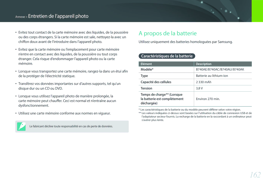 Samsung EV-NX3000BPHFR, EV-NX3000BOHFR, EV-NX3000BEHFR manual 162, Propos de la batterie, Caractéristiques de la batterie 