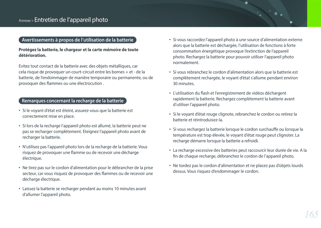 Samsung EV-NX3000BOIFR, EV-NX3000BOHFR, EV-NX3000BEHFR manual 165, Avertissements à propos de l’utilisation de la batterie 