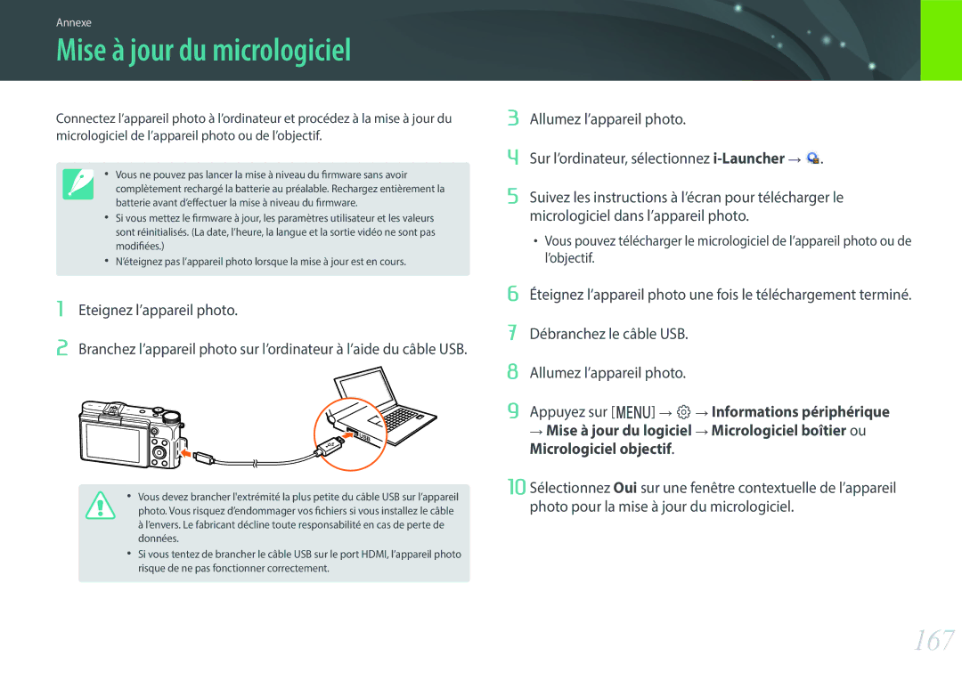 Samsung EV-NX3000BOHFR, EV-NX3000BEHFR, EV-NX3000BOIFR, EV-NX3000BPHFR manual Mise à jour du micrologiciel, 167 