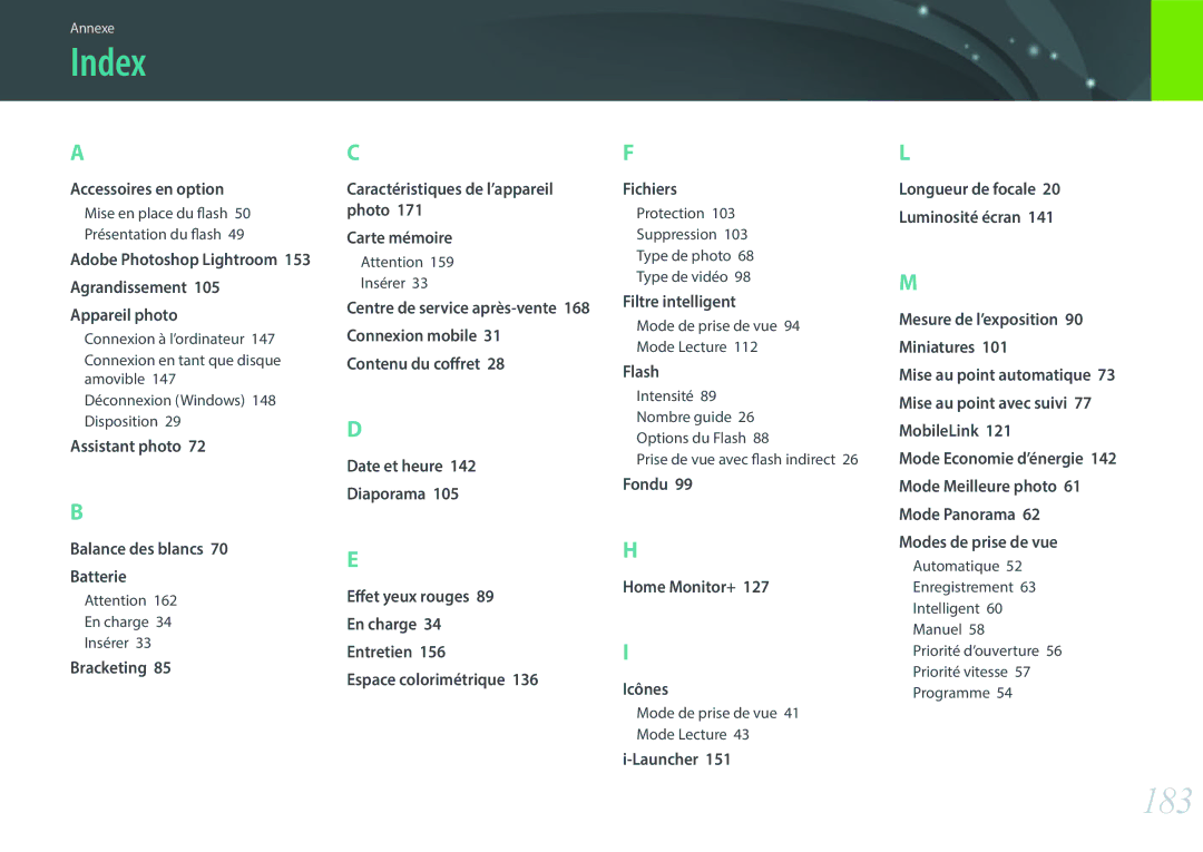 Samsung EV-NX3000BOHFR manual Index, 183, Adobe Photoshop Lightroom, Centre de service après-vente 168 Connexion mobile 