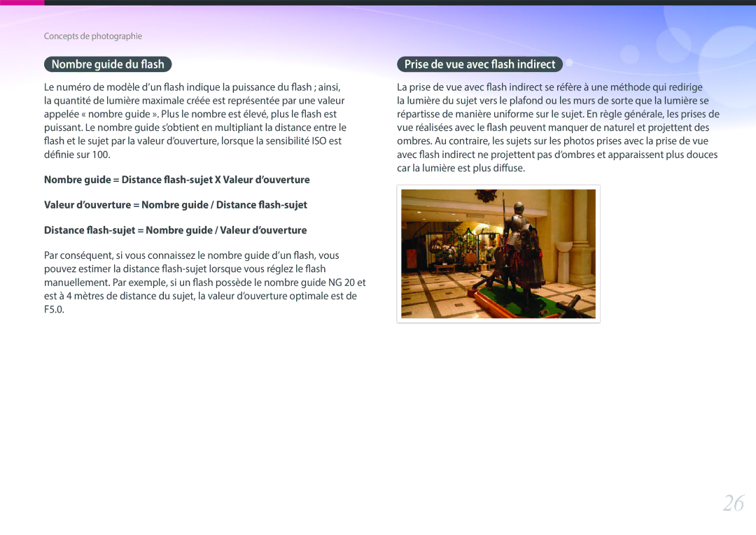 Samsung EV-NX3000BPHFR, EV-NX3000BOHFR, EV-NX3000BEHFR manual Nombre guide du flash, Prise de vue avec flash indirect 