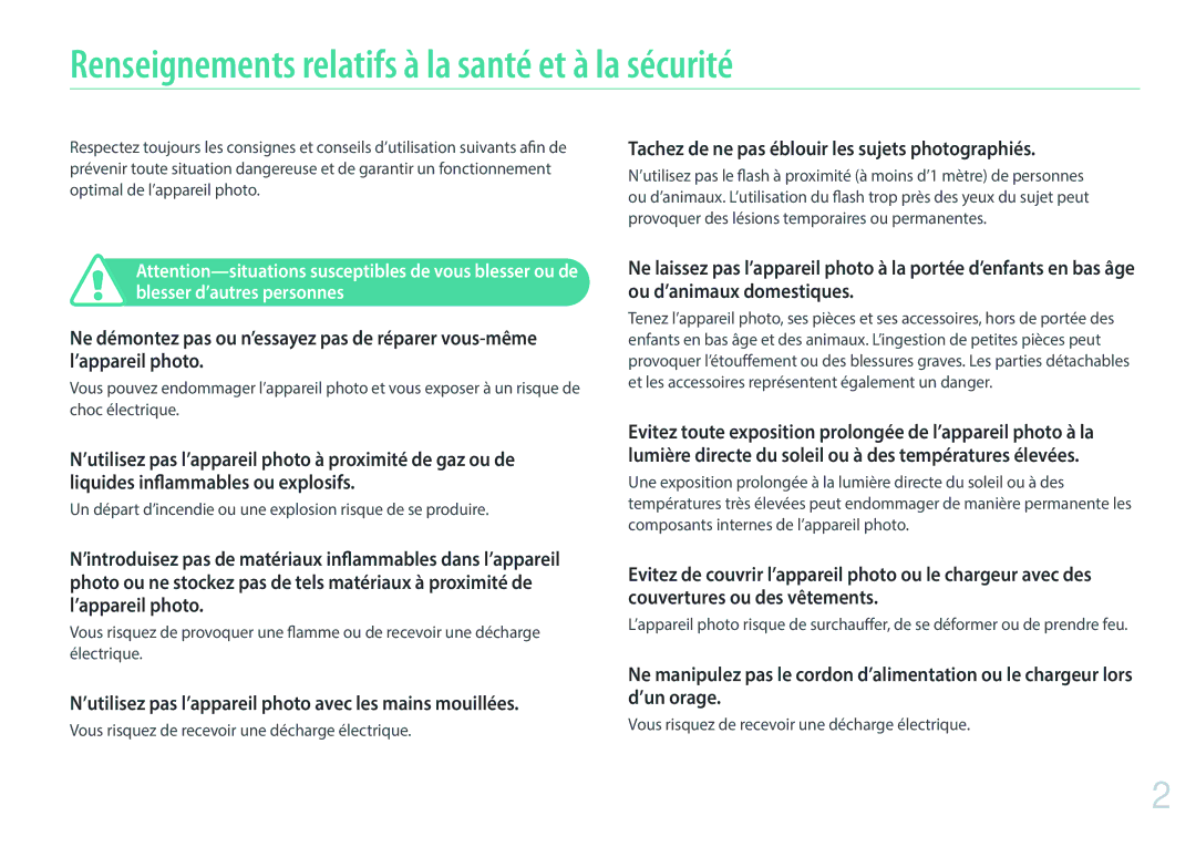 Samsung EV-NX3000BPHFR, EV-NX3000BOHFR Renseignements relatifs à la santé et à la sécurité, Blesser d’autres personnes 