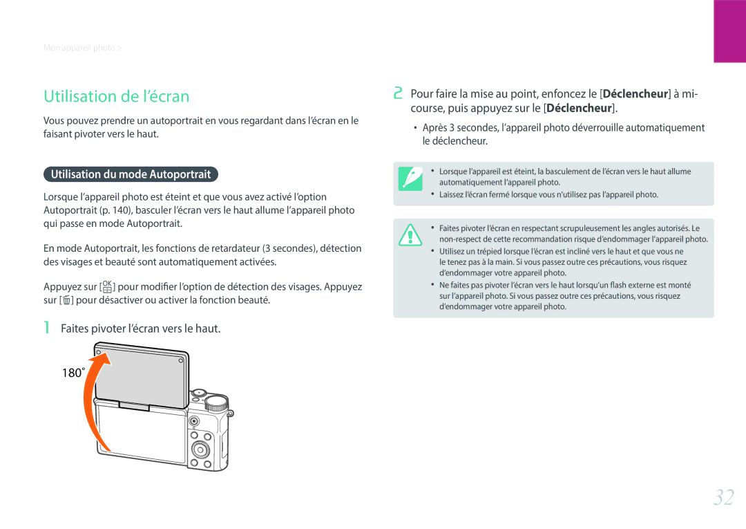 Samsung EV-NX3000BEHFR manual Utilisation de l’écran, Utilisation du mode Autoportrait, Faites pivoter l’écran vers le haut 