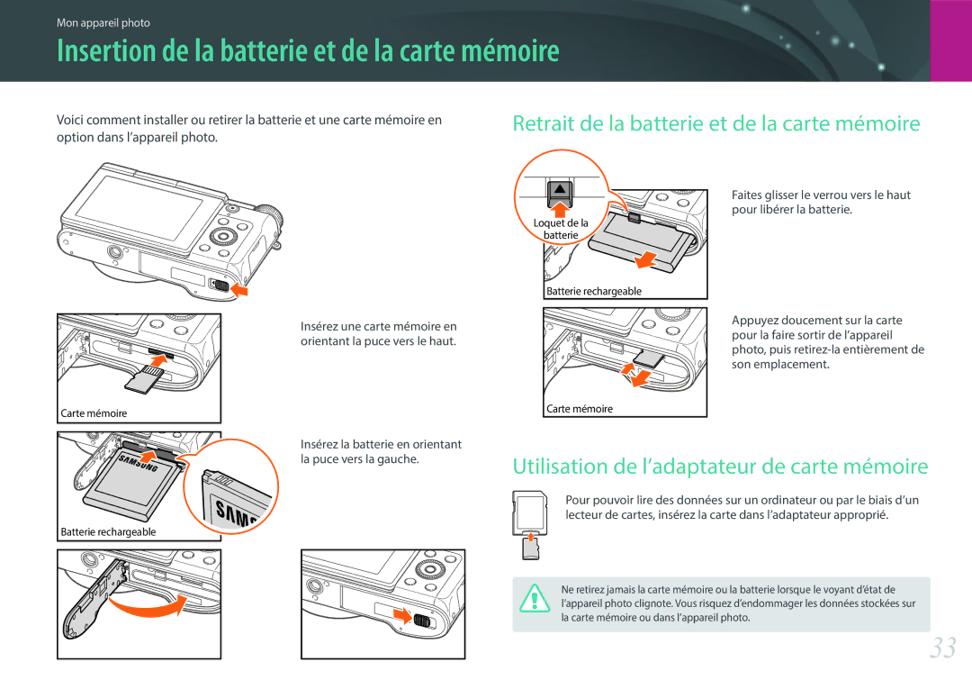 Samsung EV-NX3000BOIFR Insertion de la batterie et de la carte mémoire, Retrait de la batterie et de la carte mémoire 