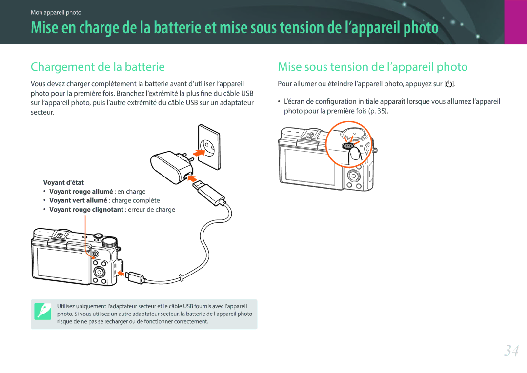 Samsung EV-NX3000BPHFR, EV-NX3000BOHFR, EV-NX3000BEHFR Chargement de la batterie, Mise sous tension de l’appareil photo 