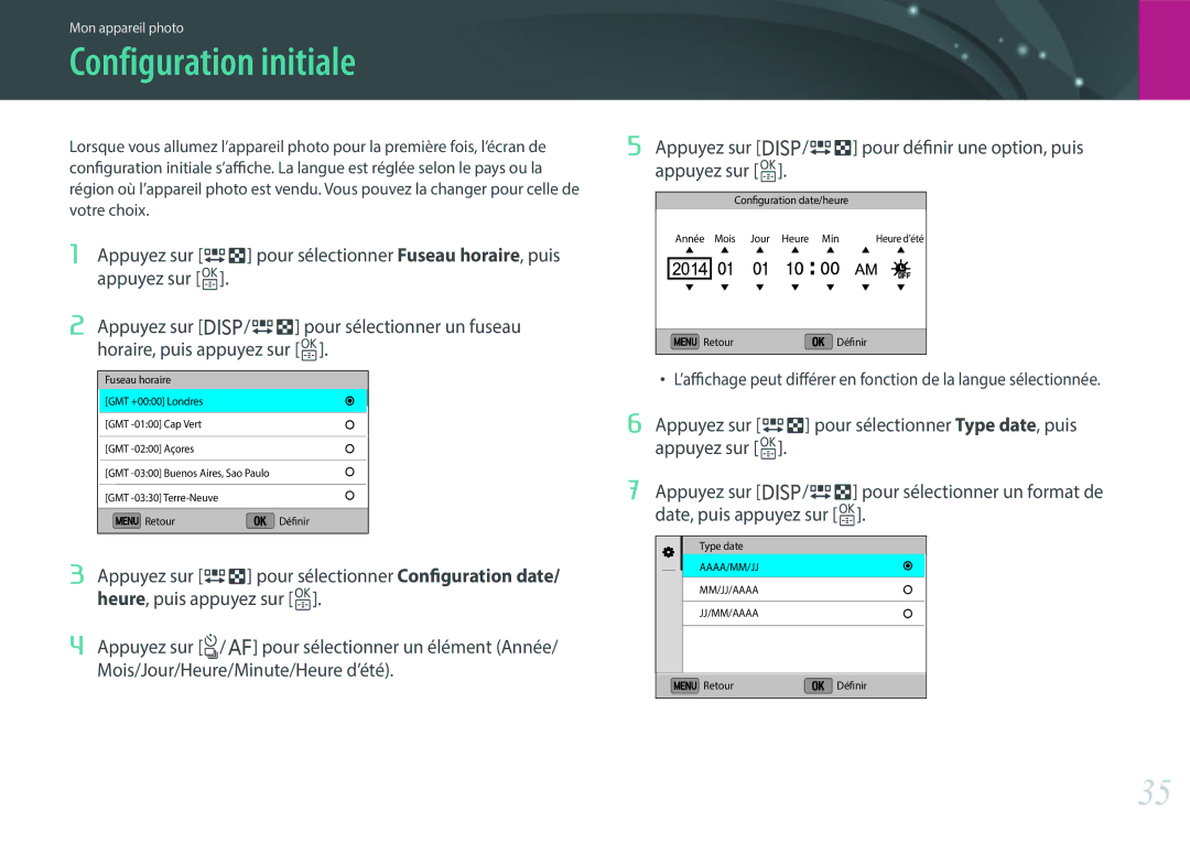 Samsung EV-NX3000BOHFR, EV-NX3000BEHFR, EV-NX3000BOIFR, EV-NX3000BPHFR manual Configuration initiale 