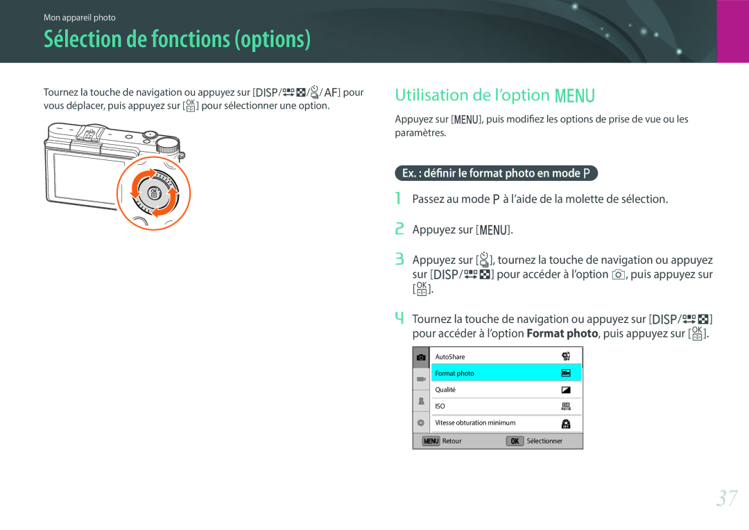 Samsung EV-NX3000BOIFR Sélection de fonctions options, Utilisation de l’option m, Ex. définir le format photo en mode P 