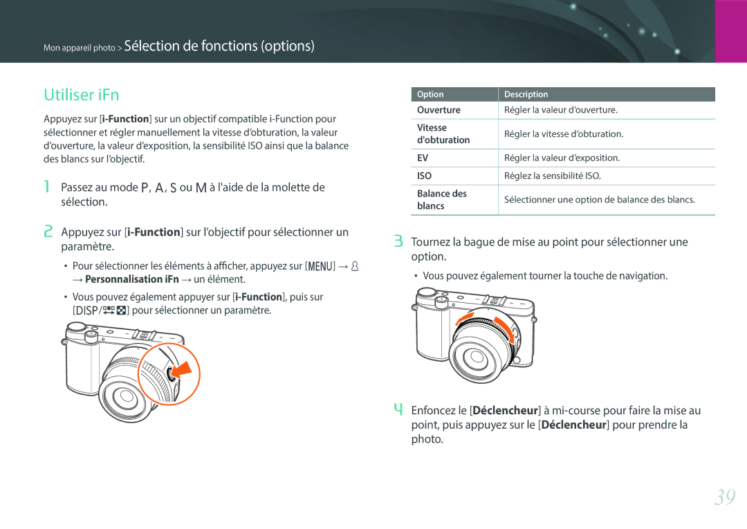 Samsung EV-NX3000BOHFR, EV-NX3000BEHFR, EV-NX3000BOIFR, EV-NX3000BPHFR manual Utiliser iFn, Réglez la sensibilité ISO 