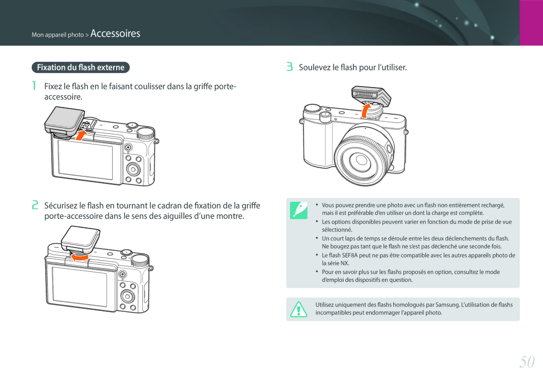 Samsung EV-NX3000BPHFR, EV-NX3000BOHFR, EV-NX3000BEHFR, EV-NX3000BOIFR manual Fixation du flash externe 