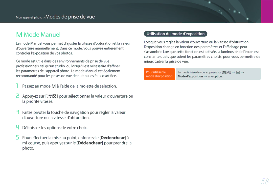 Samsung EV-NX3000BPHFR, EV-NX3000BOHFR, EV-NX3000BEHFR, EV-NX3000BOIFR manual Mode Manuel, Utilisation du mode d’exposition 