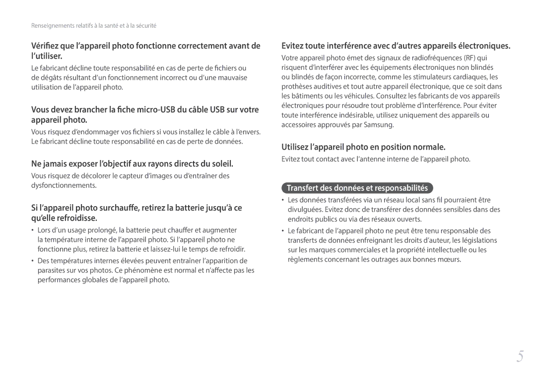 Samsung EV-NX3000BOIFR Ne jamais exposer l’objectif aux rayons directs du soleil, Transfert des données et responsabilités 