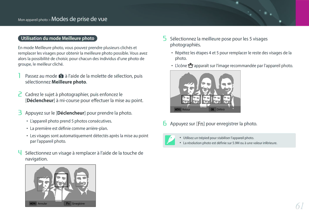 Samsung EV-NX3000BOIFR, EV-NX3000BOHFR manual Utilisation du mode Meilleure photo, Appuyez sur f pour enregistrer la photo 