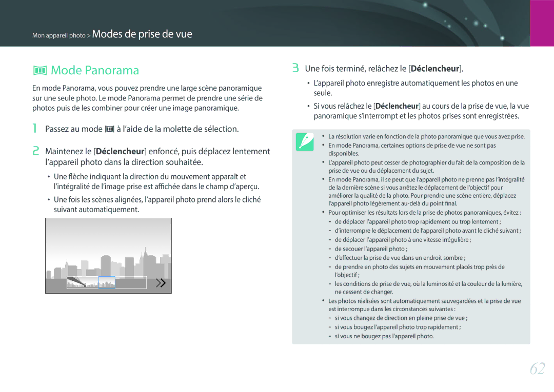 Samsung EV-NX3000BPHFR, EV-NX3000BOHFR, EV-NX3000BEHFR manual Mode Panorama, Une fois terminé, relâchez le Déclencheur 