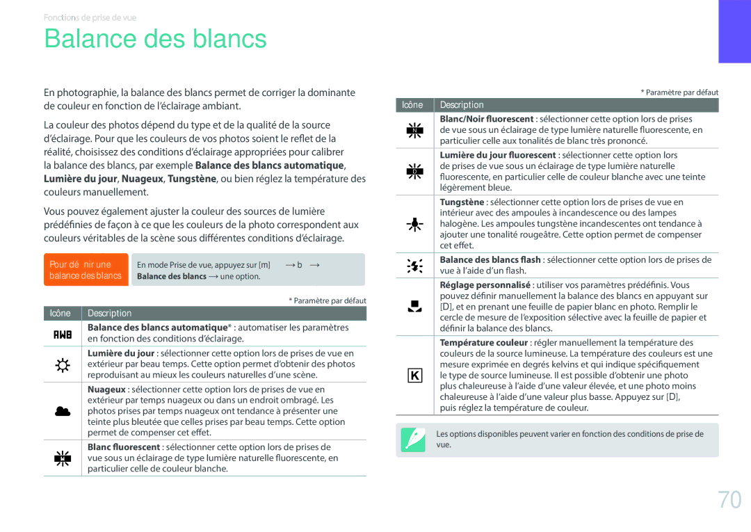 Samsung EV-NX3000BPHFR, EV-NX3000BOHFR manual Balance des blancs, Température couleur régler manuellement la température des 