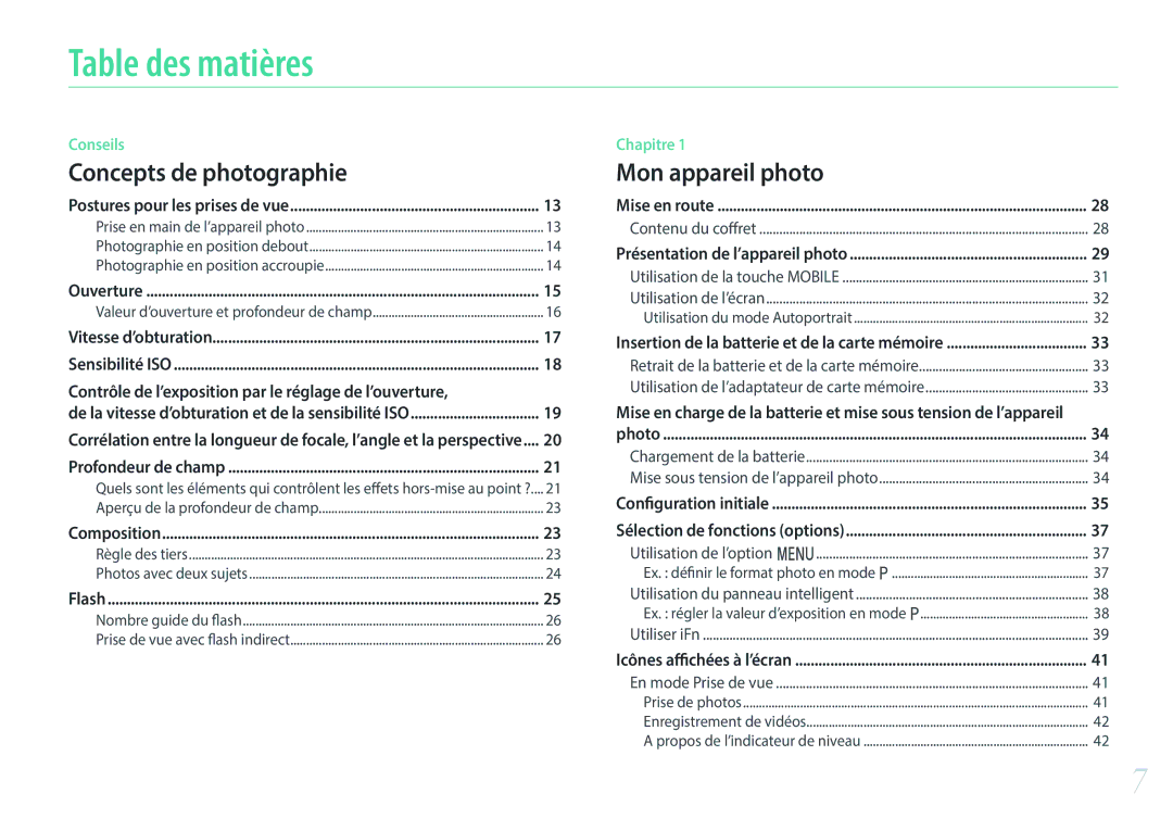 Samsung EV-NX3000BOHFR, EV-NX3000BEHFR, EV-NX3000BOIFR, EV-NX3000BPHFR manual Table des matières, Concepts de photographie 