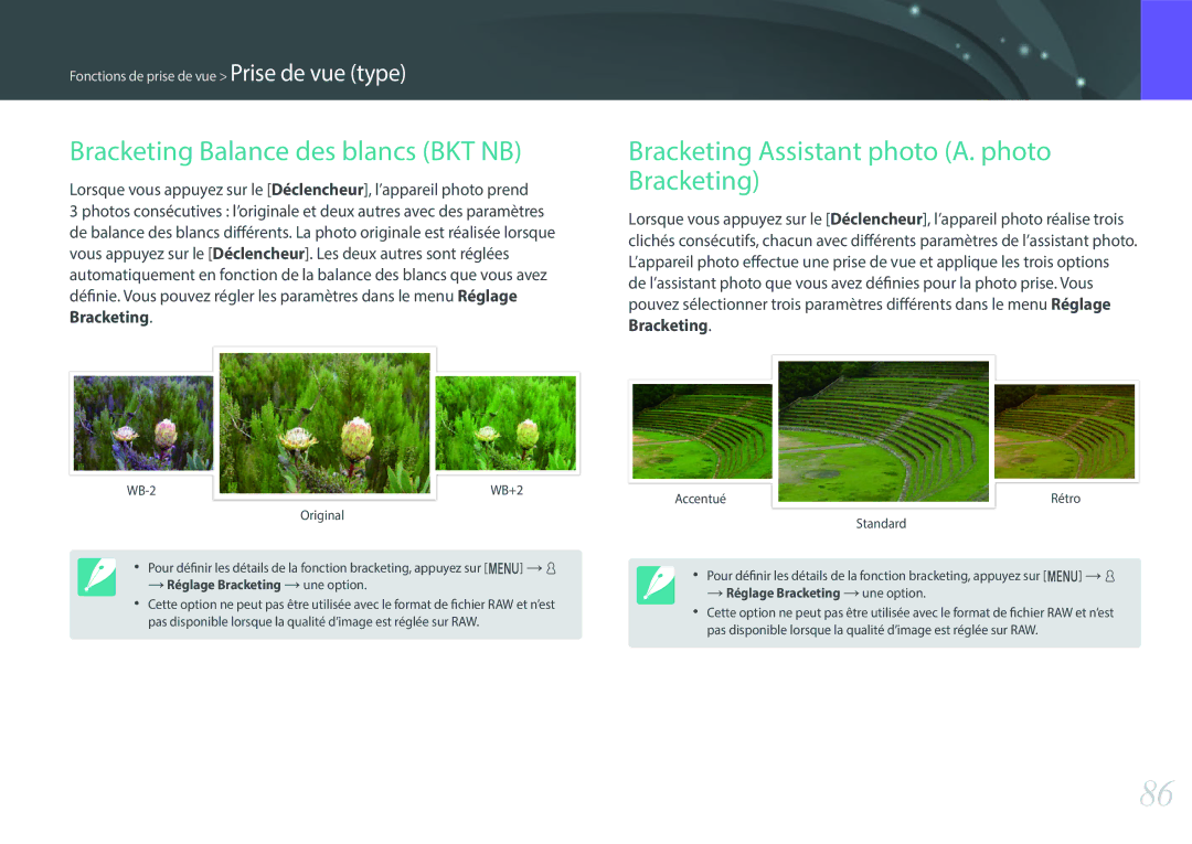 Samsung EV-NX3000BPHFR manual Bracketing Balance des blancs BKT NB, Bracketing Assistant photo A. photo Bracketing 