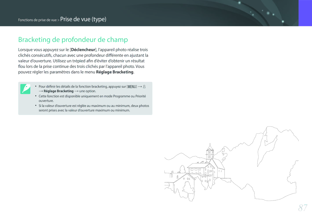 Samsung EV-NX3000BOHFR, EV-NX3000BEHFR, EV-NX3000BOIFR, EV-NX3000BPHFR manual Bracketing de profondeur de champ 
