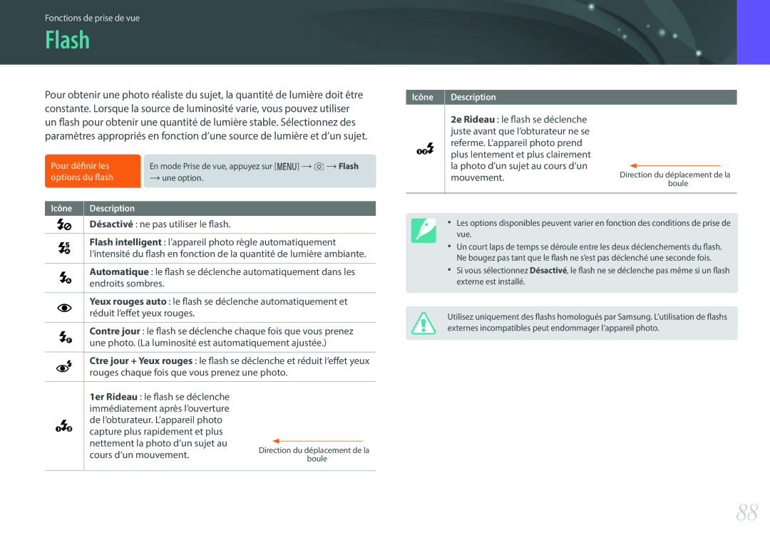 Samsung EV-NX3000BEHFR, EV-NX3000BOHFR, EV-NX3000BOIFR, EV-NX3000BPHFR manual Flash, Cours d’un mouvement 