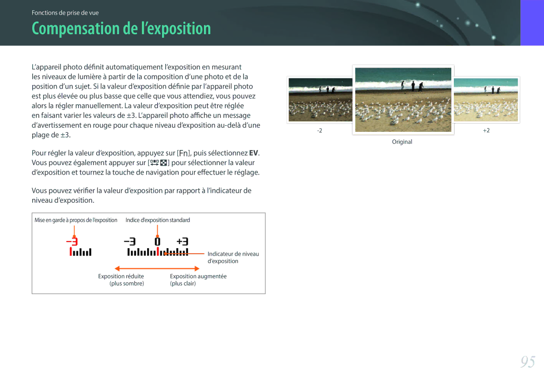 Samsung EV-NX3000BOHFR, EV-NX3000BEHFR, EV-NX3000BOIFR, EV-NX3000BPHFR manual Compensation de l’exposition, Plage de ±3 