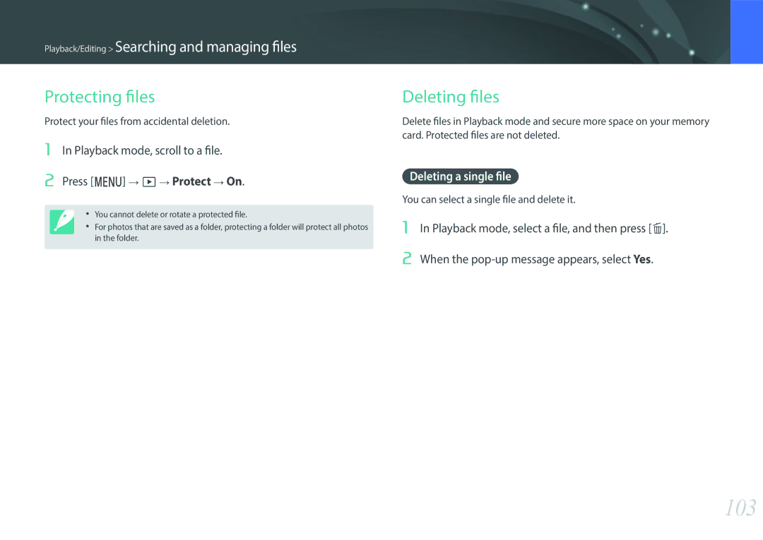 Samsung EV-NX3000BOICH manual 103, Protecting files, Deleting files, Playback mode, scroll to a file Press m z Protect On 